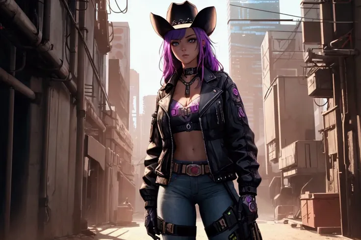 1girl, cowgirl (western), cyberpunk, facing viewer, high quality, 8k, very detailed, high resolution, exquisite composition, and lighting