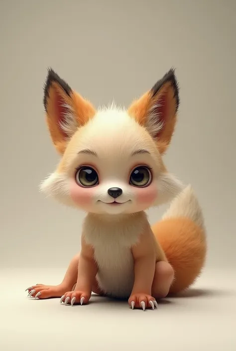 a human baby with tails and ears in combination of a fox and a wolf