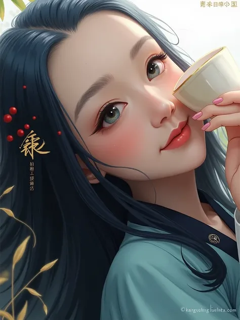 Masterpiece, best quality, official art, 8K wallpaper, very detailed, illustration, 1 woman, blue hair, long hair, Detailed eyes, Forrest Gump, bare shoulders, Hanfu, lagoon, pure, soft smile, bamboo, tea