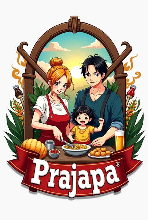 Create a logo with design references "One piece" for a restaurant with oriental characteristics, Italian Pastry Mass, Indian spices, Brazilian family, store name written "PraJapa" and a bottle of beer. Four characters: a woman with medium copper blonde hai...