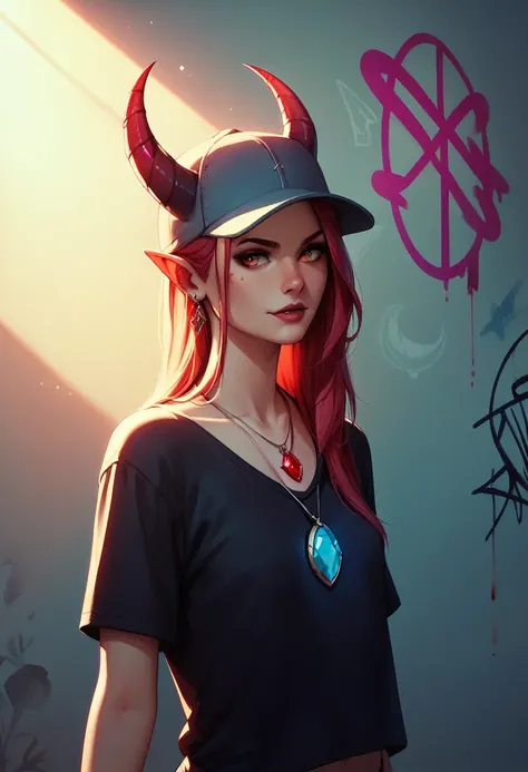 foreground,simple background,Background with neon rays of various colors,hyperdetailed,well defined details,hyper realistic,1 girl,graffiti hood,demon shirt,pierce,blood gem pendant