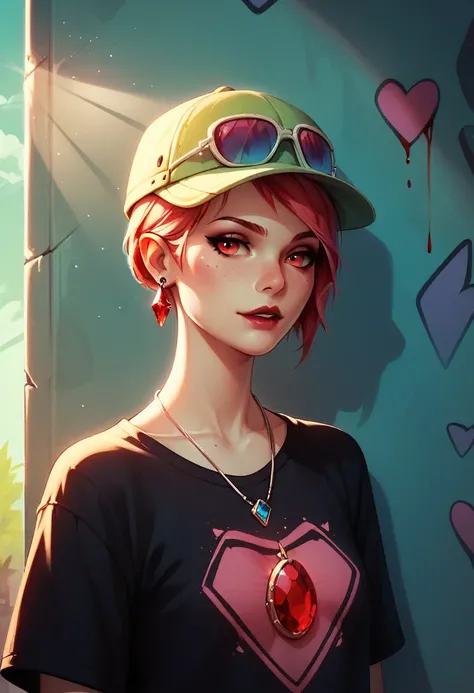 foreground,simple background,Background with neon rays of various colors,hyperdetailed,well defined details,hyper realistic,1 girl,graffiti hood,demon shirt,pierce,blood gem pendant