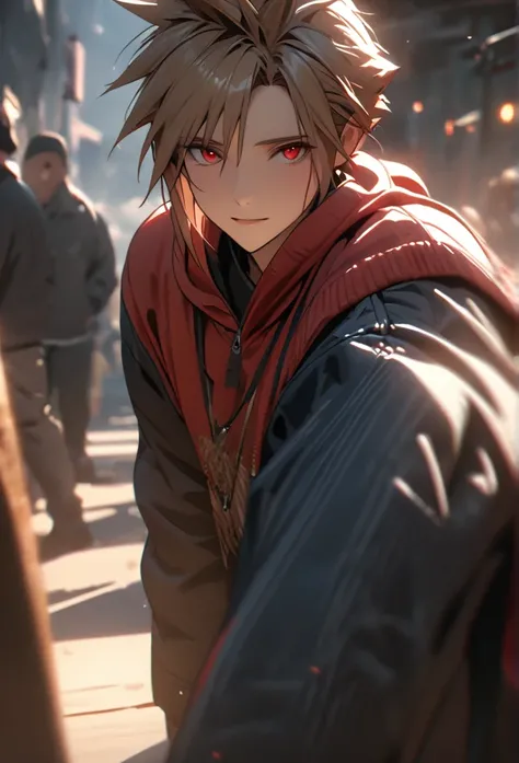  1boy, brown hair, hair likes cloud strife, red hoodie, blue jeans, pretty, tall, emotionless, middle long, high detail, masterpiece, super detail, high details, high quality, best quality, pretty, tall, red eyes, dark brown hair, cold smile, happy, handso...