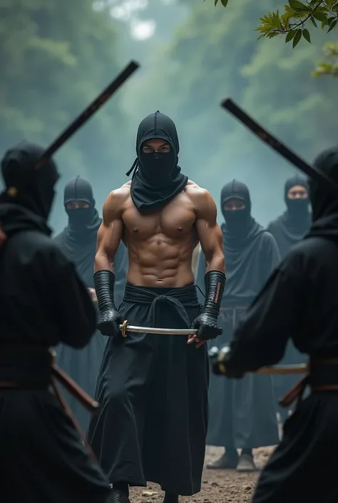 Japanese ninja training shirtless just balaclava, with other katana ninjas 