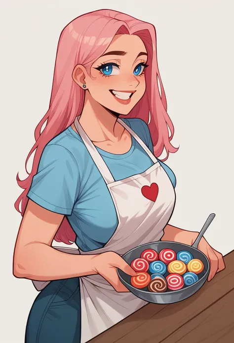 draw basic style, vector line art. Create avatar of  curvy craftswoman girl, very beautiful upper body. Long light pink hair, blue eyes, wide smile, white t-shirt with apron. She is hugged with a charming red irish setter dog. in the table, working with mi...