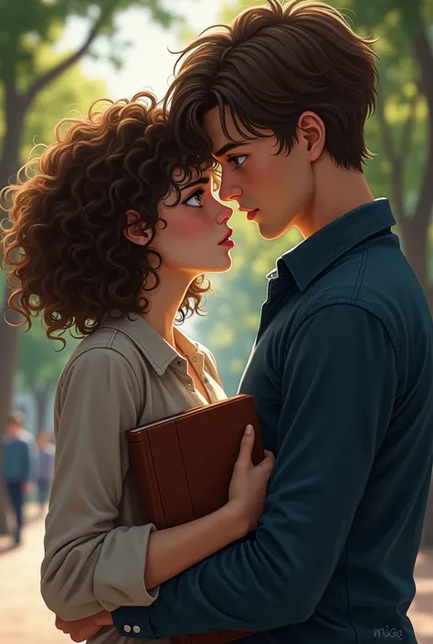 couple. Woman of , black with light skin and curly brown hair type 4c medium, Round face, full cheeks, eyes browns, in American college clothes, dainty, looking at him with an angry look, with books in your hands, and a tall man, stark, with a mischievous ...