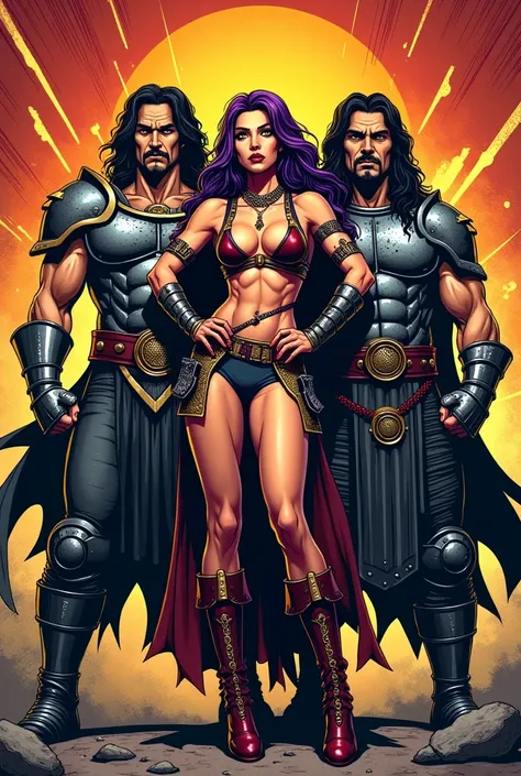 Create written poster: THE ALLIANCE OF METAL The comic book style background image with 2 dark-haired rock n roll warrior men in armor and a chubby rock warrior woman with long purple hair and green eyes