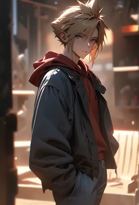  1boy, brown hair, hair likes cloud strife, red hoodie, blue jeans, pretty, tall, emotionless, middle long, red green eyes, high detail, masterpiece, super detail, high details, high quality, best quality, pretty, tall, emotionless, ((male face)), handsome...