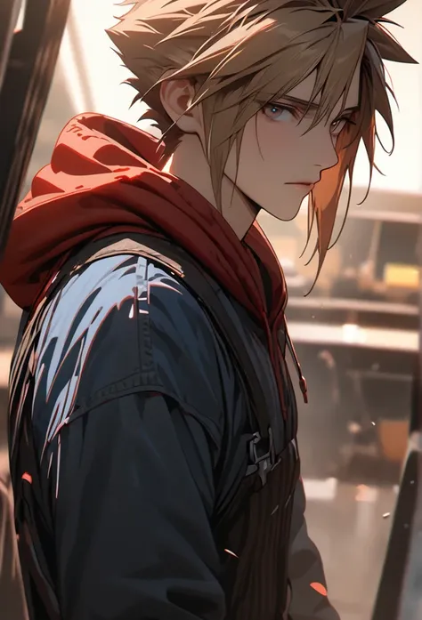  1boy, brown hair, hair likes cloud strife, red hoodie, blue jeans, pretty, tall, emotionless, middle long, red green eyes, high detail, masterpiece, super detail, high details, high quality, best quality, pretty, tall, emotionless, ((male face)), handsome...