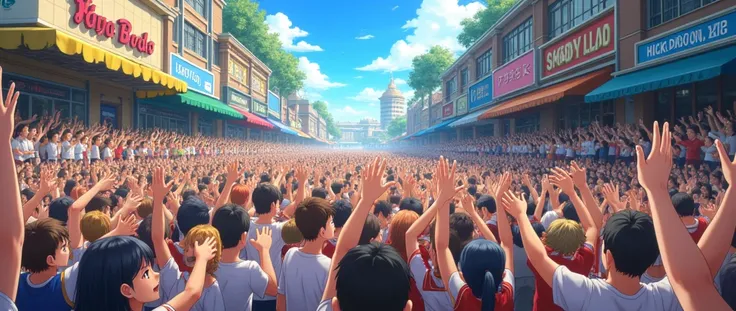 a street full of people cheering , facing the camera, standing at one side, a crowd cheering on a street, anime style , anime background, fantasy style, 