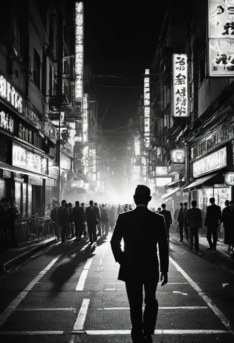 一张Double Exposure的照片，A man in a suit walks down a neon-lit street, Busy Street, crowd,  (Sunny 4pm: 1.3), Movie Lighting, (Double Exposure: 1.5), Camera flash, Shutter resistance, Motion Blur, lens flare, (graflex speed graph: 1.4), Street Photography, Mag...