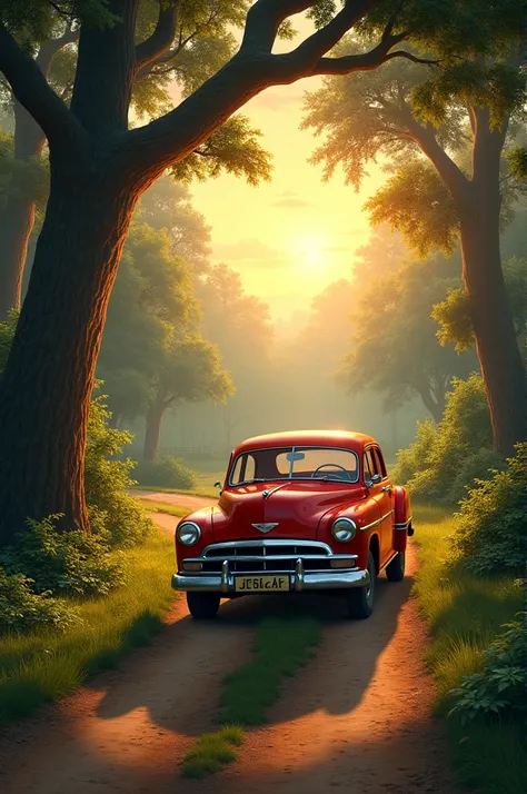 A red old car drive in beautiful wood with sunrise time
