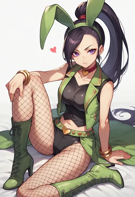 martina, long hair, ponytail, purple eyes, black hair,
bare shoulders, boots, crop top, cross-laced footwear, green footwear, hi...