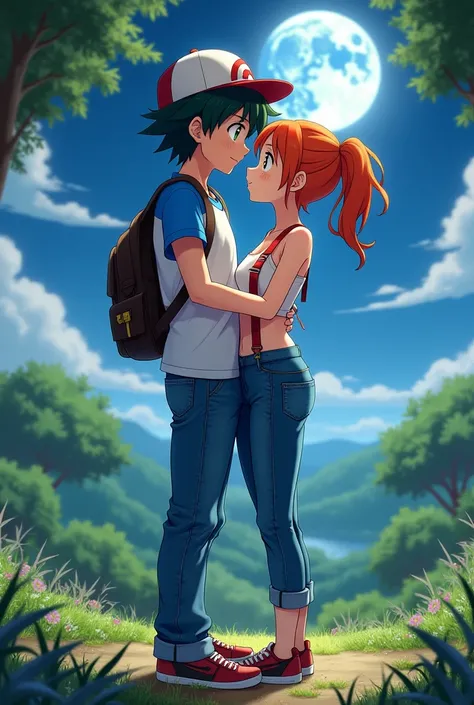 best quality, of romantic couple in amazing and idyllic landscape, romantic atmosphere, featured details; Man ash Ketchum from Pokémon blue and white t-shirt with use Jean, woman 
(Misty_Pokemon)(Berry Short,Orange Hair,one side up hair,Big green eyes,Smal...