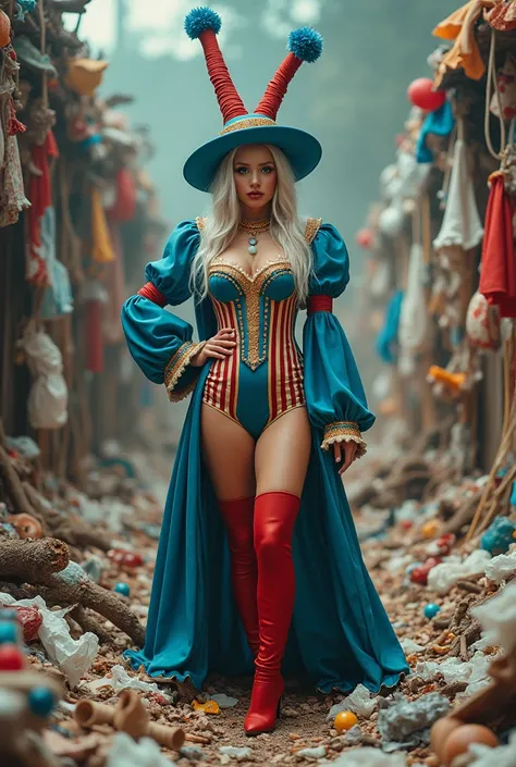 A white woman wearing a blue and red circus costume and a blue and red two-pronged hat stands amidst a pile of garbage.