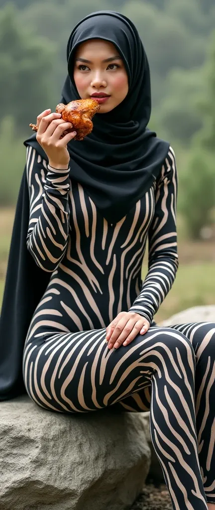 The most beautiful,thin,most pretty and clever Asian muslimah adult girl wears plains zebra lycra turtleneck unitard catsuit covered with stripes.She always wear plains zebra print lycra dancewear stretchy hijab covered with many stripes.She is sitting on ...