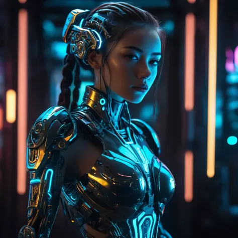 a cybernetic biomechanical girl, cyborg, intricate mechanical details, glowing circuitry, bionic limbs, futuristic, sci-fi, concept art style, dark moody lighting, dramatic shadows, neon colors, cinematic composition, highly detailed, 8k