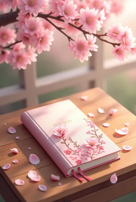 A delicate cherry blossom notebook rests on a wooden table, surrounded by soft pink petals, bathed in warm sunlight, evoking a serene, springtime atmosphere.