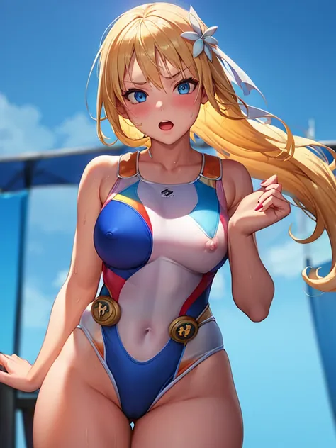  (White background, 1girl:1.4), BREAK,Long blonde hair, blue eyes,Narrow waist,voluptuous Breasts,(one-piece competitive swimwear,one-piece competition swimsuit:1.6), blush,Open your mouth,(covered nipples:1.2)