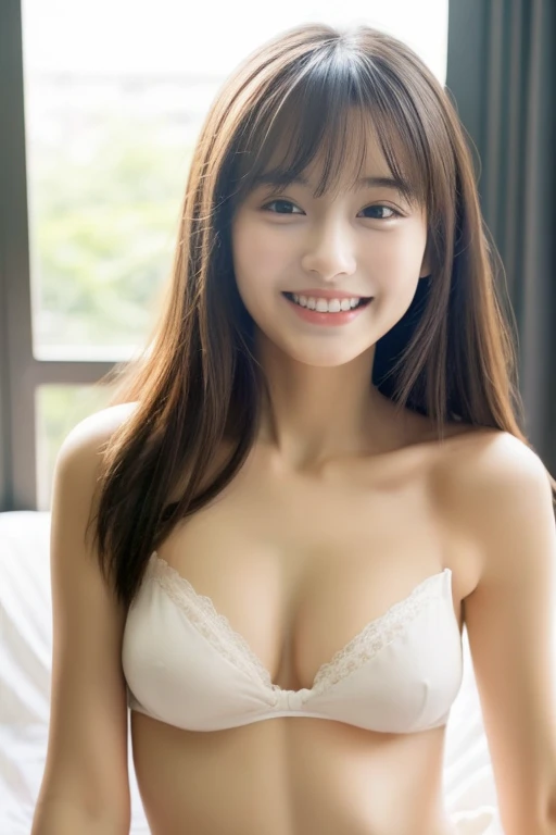 (((Highest quality)))　((masterpiece))　((Real beautiful girl))　1 beautiful girl　(Cute face)　clear　((Baby Face)) ((topless))　(Flat chest)　White panties　Slim figure　smile　Creating Bangs