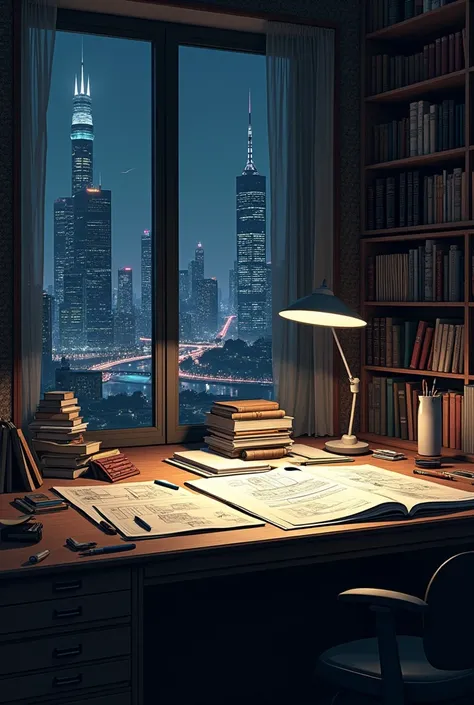 Room of a busy architect without the person in the middle of the night wallpaper