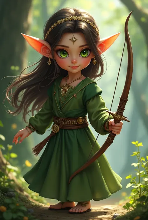 Cute super powerful elf with green eyes, dark brown hair with accessories and with bow and arrow 