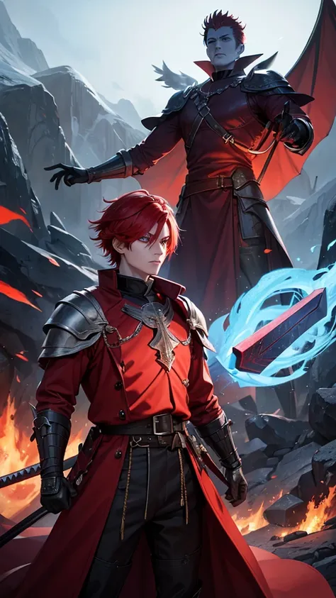 demon boy, with blue eyes, red hair color, Her skin is like volcanic magman, wearing a long trench coat and a mail breastplate, On his back he carries a sword, Their giants have iron beaks, and on his head a crown that worthy of being the supreme king