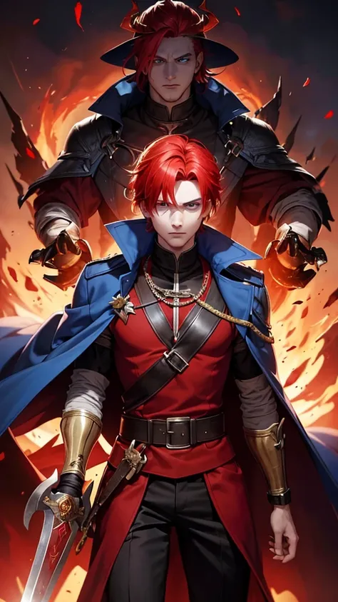 demon boy, with blue eyes, red hair color, Her skin is like volcanic magman, wearing a long trench coat and a mail breastplate, On his back he carries a sword, Their giants have iron beaks, and on his head a crown that worthy of being the supreme king