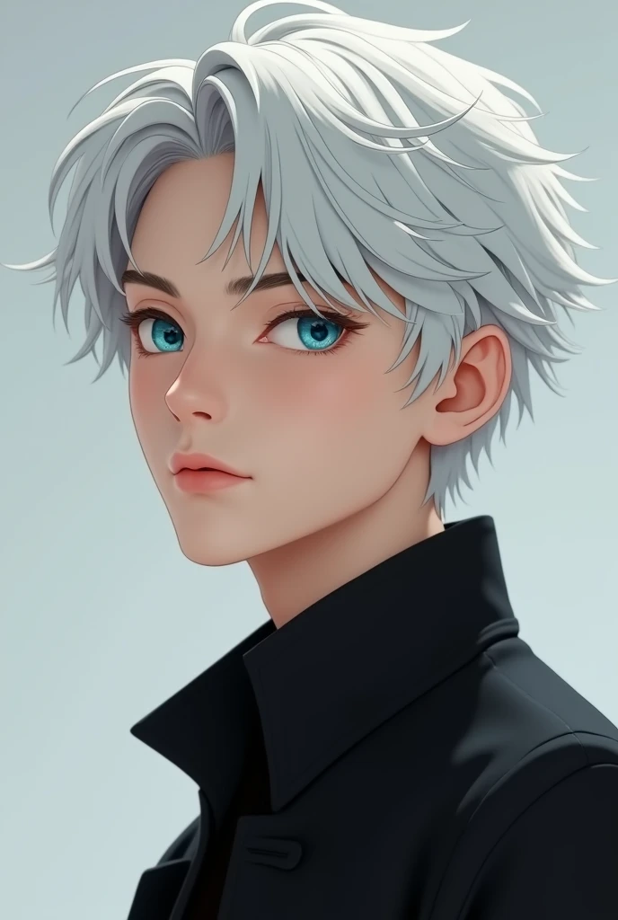 Make A Boy Around 20 He has perfect jawline he has White Skin Also he Have white hair he have no beared he Have Blue blue eyes We is Kind in Nature Abd he Is Strong He is japness He have black clothes 