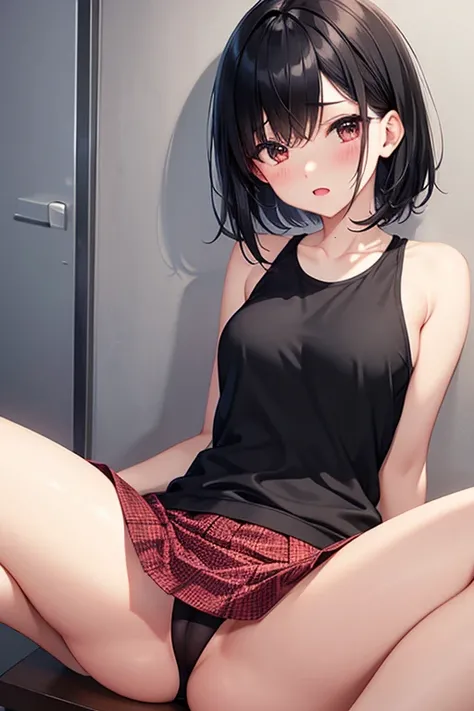 Mature、Black hair straight、short hair、Remove eye highlights、Blushing、Open your mouth、Spread your legs、Miniskirt、Tank top