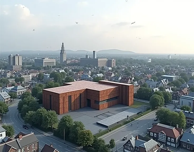 Futuristic design of museum, brick color, in a small town, cloudy weather, super realistic photo, high resolution