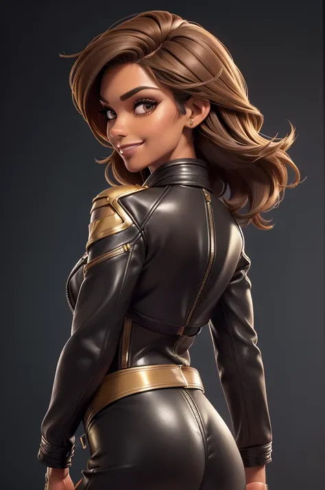 obra prima, melhor qualidade, ((only one woman,)) ((julie warner, dark tan skin, short brown bob hair, heavy makeup eye shadow, sweet smile,)) (((wearing thigh length black metallic leather jacket,))) (((jacket is zipped up, jacket covers waist and ass,)))...