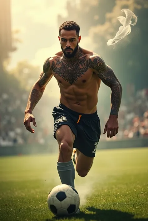 man with tattoo on neck and arm playing soccer, and your father in heaven is proud 