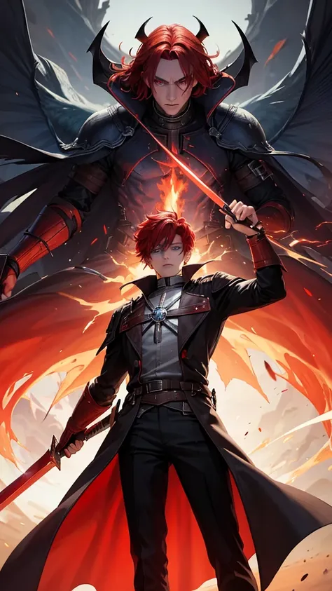 demon boy, with blue eyes, red hair color, Her skin is like volcanic magman, wearing a long trench coat and a mail breastplate, On his back he carries a sword, Their giants have iron beaks, and on his head a crown that worthy of being the supreme king