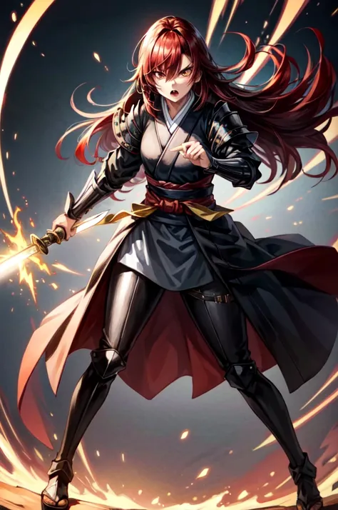 wearing armor One woman, wearing black kimono, Long Hair, red hair, golden Eyes, snake pupils, Light makeup, intense anger, tite waist, holding sharp sword, full body, big hair, hair over eye, anime, cinematic lighting, cowboy shot, UHD, retina, masterpiec...