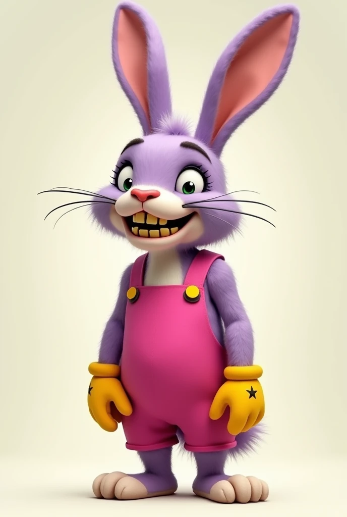 A tall purple rabbit with yellow teeth wearing a pink overall and yellow gloves.