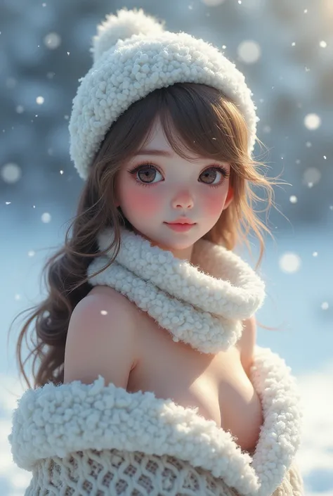 Snow Scene、Beautiful and lovely woman、Baby Face、topless、Ski caps、Scarf