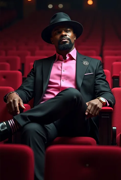 Forty year old black man, very elegant and sophisticated, very strong athletic build, with a goatee, wearing jewelry and a modern bowler hat, bubblegum pink shirt and tailored Italian slim-cut suit, blackw, on the hat band and on the lapel and on the tongu...