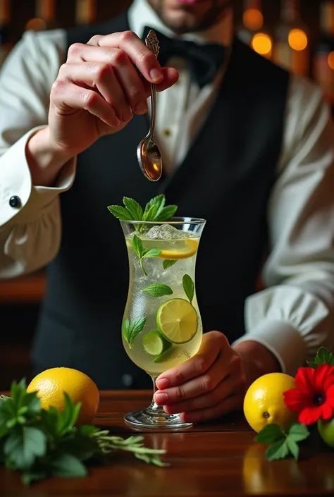 Authentic BAR,( The bartender&#39;s right thumb was amputated at the second knuckle.), Steampunk，1800&#39;with Mojito, Spectacular landscapes, , Extremely precise movements, A sublime and delicate work, Cocktail,  masterpiece, 8k, high quality, Hands are a...