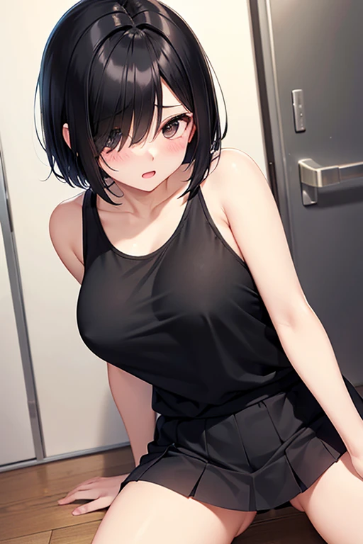 Mature、Black hair straight、short hair、Remove eye highlights、Blushing、Open your mouth、Spread your legs、Miniskirt、Tank top、Show your breasts