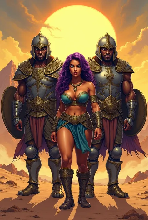 Create written poster: THE ALLIANCE OF METAL The comic book style background image with 2 dark skinned male warriors in armor with armor helmets and shield and a curvy overweight white woman warrior with long purple hair and green eyes wearing an eagle nec...