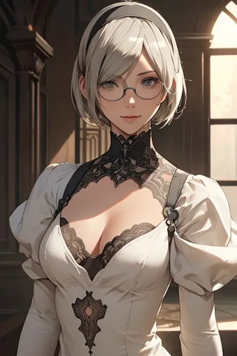 {erotic face,looking away,enchanting smile} BREAK {solo, (2B of Nier Automa:1.4)), (slender body,small breasts),(lightbrown_lightwhite colored hair:1.4, short cut hair), (medium mouth:1.2),(narrow and sharp eyes:1.4,blue-glay eyes,sparkling eyes:1.1) BREAK...