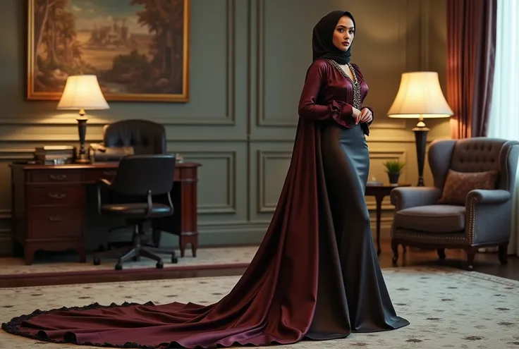 Hijabi women wear glamour satin silk long train evening mermaid dress, wear peplum bolero with puff sleeves, dress have a very long train about 7 meter long, model height is 165 cm, wear jewellery, sexy pose in office room