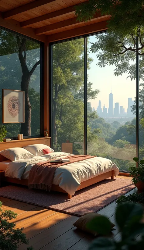 A normal bedroom in night in forest with city view, big window, cozy bedroom, 