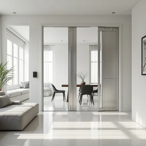 Artistic photographic image of a double-hinged door that divides a modern white living room from a dining room, featuring a style inspired by Le Corbusier, using modern materials. The door should emphasize clean, geometric lines and functional design, refl...