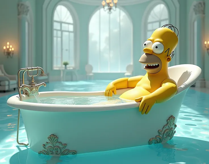 We need a big bathtub filled with water and an image of Homer on the bathtub.