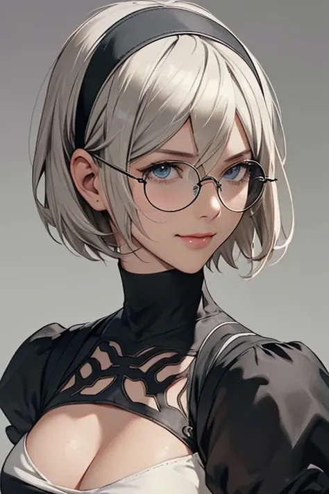 {erotic face,looking away,enchanting smile} BREAK {solo, (2B of Nier Automa:1.4)), (slender body,small breasts),(lightbrown_lightwhite colored hair:1.4, short cut hair), (medium mouth:1.2),(narrow and sharp eyes:1.4,blue-glay eyes,sparkling eyes:1.1) BREAK...