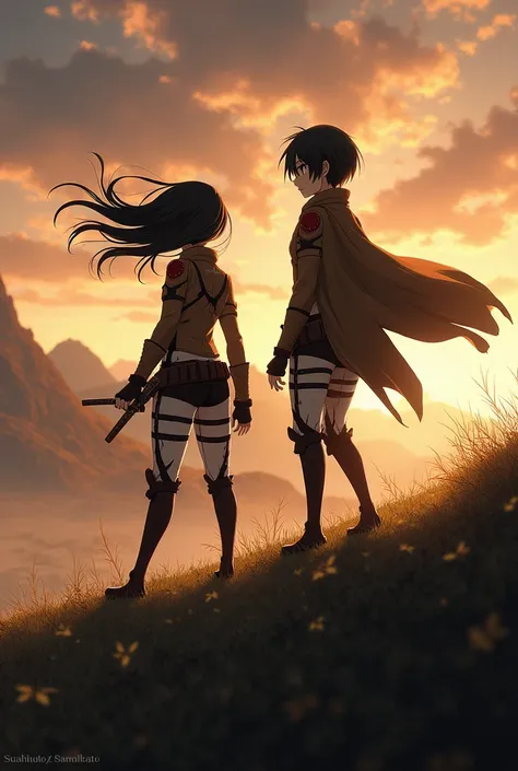 Attack on titan anime mikasa on hill with eran