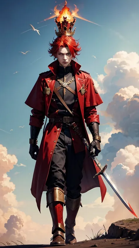 demon boy, with blue eyes, red hair color, Her skin is like volcanic magman, wearing a long trench coat and a mail breastplate, On his back he carries a sword, Their giants have iron beaks, and on his head a crown that worthy of being the supreme king