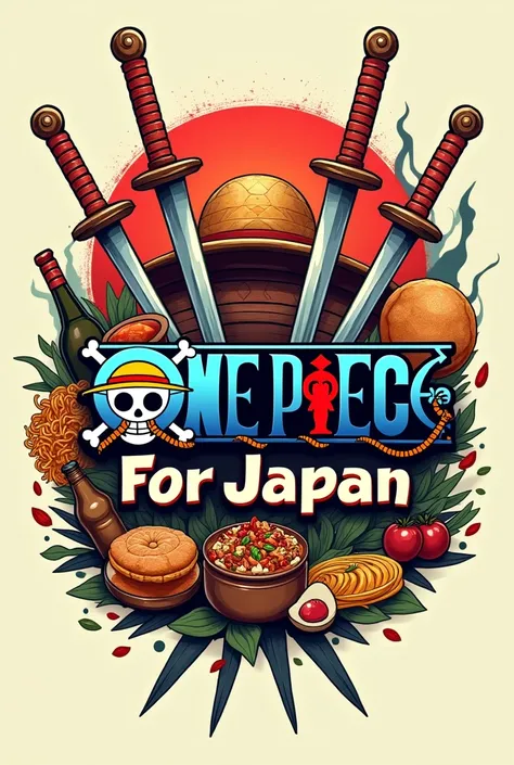 Logo with design references "One piece" for a restaurant with mixed cultures being oriental and Italian culture, cake, Italian noodles, Indian spices, beer bottle, three swords and the store name in the logo "For Japan"